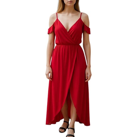 Rolla Coster Cold Shoulder Faux Wrap Maxi Dress Red Size S - Picture 2 of 9